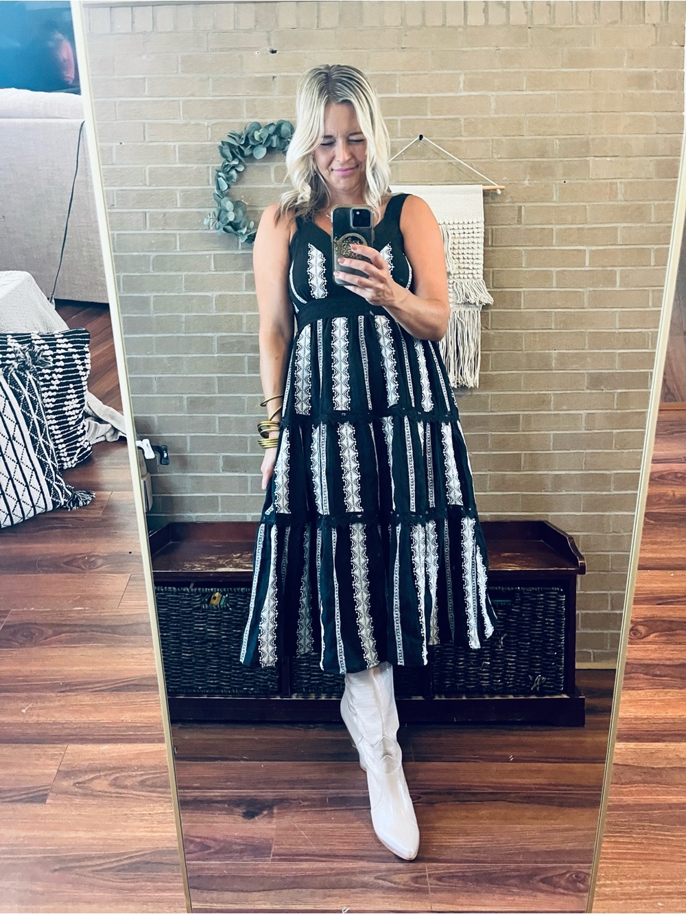 easel Black and White Striped Midi Dress